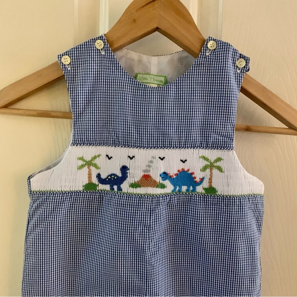 Little Threads Smocked Dino Jumper Overalls with Snap Legs and Gingham Print - Picture 1 of 5